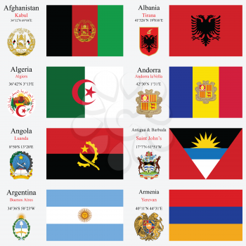 world flags of Afghanistan, Albania, Algeria, Andorra, Angola, Antigua and Barbuda, Argentina and Armenia, with capitals, geographic coordinates and coat of arms, vector art illustration