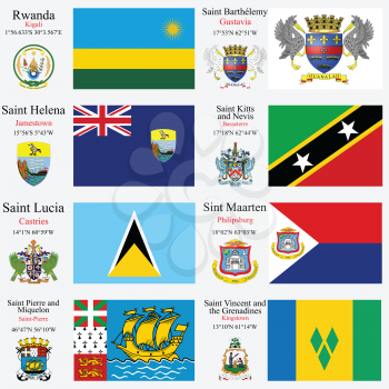 world flags of Rwanda, Saint Barthelemy, Saint Helena, Saint Kitts and Nevis, Saint Lucia, Saint Martin, Saint Pierre and Miquelon and Saint Vincent and the Grenadines, with capitals, geographic coord
