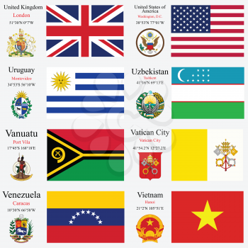 world flags of United Kingdom, United States of America, Uruguay, Uzbekistan, Vanuatu, Vatican City, Venezuela and Vietnam, with capitals, geographic coordinates and coat of arms, vector art illustrat