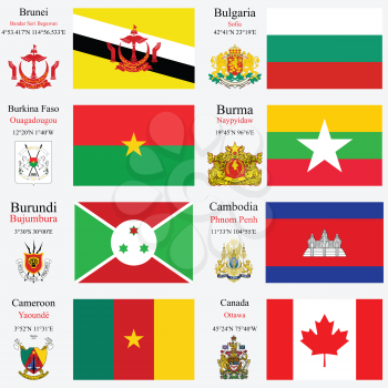 world flags of Brunei, Bulgaria, Burkina Faso, Burma or Myanmar, Burundi, Cambodia, Cameroon and Canada, with capitals, geographic coordinates and coat of arms, vector art illustration