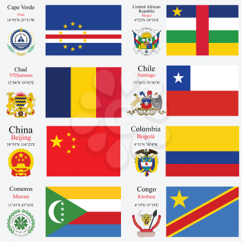 world flags of Cape Verde, Central African Republic, Chad, Chile, China, Colombia, Comoros and Democratic Republic of the Congo, with capitals, geographic coordinates and coat of arms, vector art illu