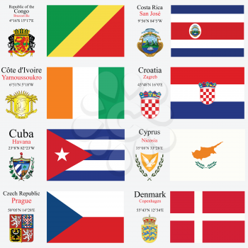 world flags of Republic of the Congo, Costa Rica, Cote d'Ivoire, Croatia, Cuba, Cyprus, Czech Republic and Denmark, with capitals, geographic coordinates and coat of arms, vector art illustration