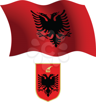 albania wavy flag and coat of arms against white background, vector art illustration, image contains transparency