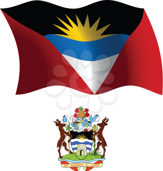 antigua and barbuda wavy flag and coat of arms against white background, vector art illustration, image contains transparency