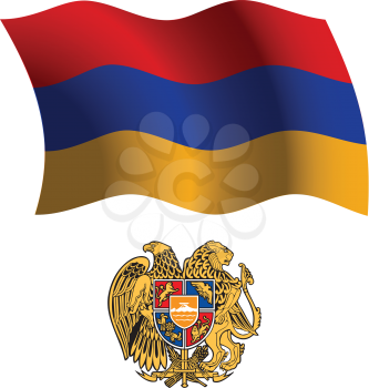 armenia wavy flag and coat of arms against white background, vector art illustration, image contains transparency
