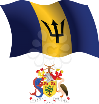 barbados wavy flag and coat of arms against white background, vector art illustration, image contains transparency