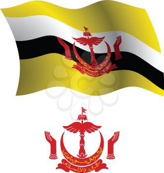 brunei wavy flag and coat of arms against white background, vector art illustration, image contains transparency