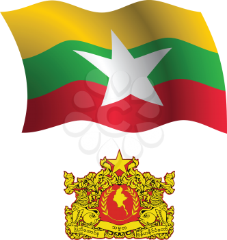 burma wavy flag and coat of arms against white background, vector art illustration, image contains transparency