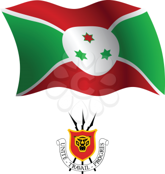 burundi wavy flag and coat of arms against white background, vector art illustration, image contains transparency