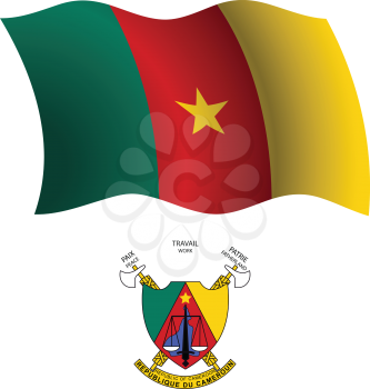 cameroon wavy flag and coat of arms against white background, vector art illustration, image contains transparency