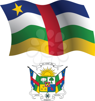 central african republic wavy flag and coat of arms against white background, vector art illustration, image contains transparency