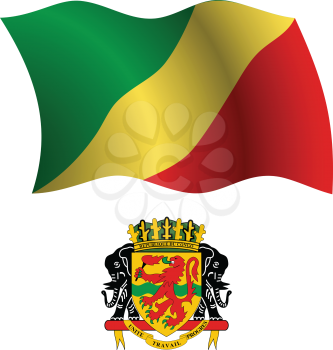 republic of the congo wavy flag and coat of arms against white background, vector art illustration, image contains transparency