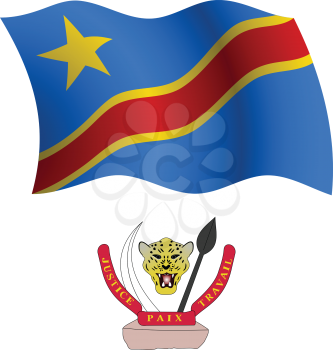 democratic republic of the congo wavy flag and coat of arms against white background, vector art illustration, image contains transparency