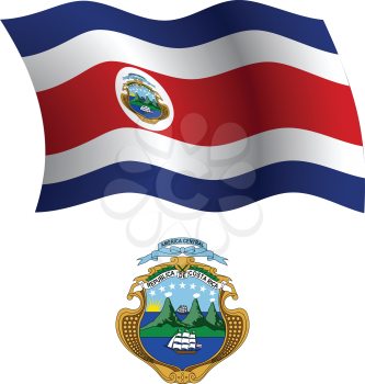 costa rica wavy flag and coat of arms against white background, vector art illustration, image contains transparency
