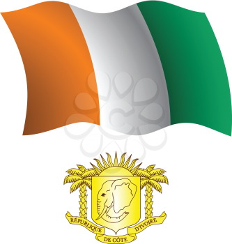 cote d'ivoire wavy flag and coat of arms against white background, vector art illustration, image contains transparency