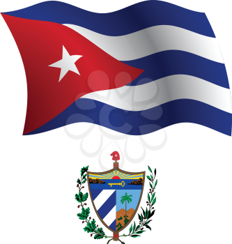 cuba wavy flag and coat of arms against white background, vector art illustration, image contains transparency