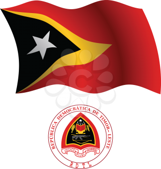 east timor wavy flag and coat of arms against white background, vector art illustration, image contains transparency