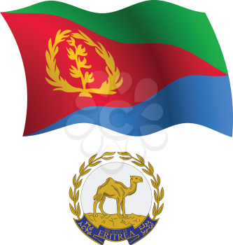 eritrea wavy flag and coat of arms against white background, vector art illustration, image contains transparency