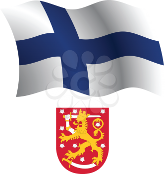 finland wavy flag and coat of arms against white background, vector art illustration, image contains transparency