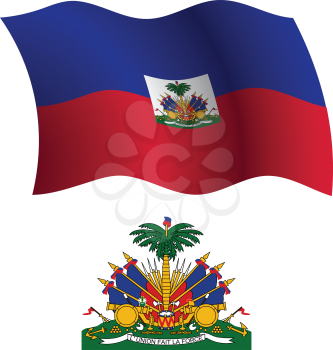 haiti wavy flag and coat of arms against white background, vector art illustration, image contains transparency