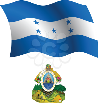 honduras wavy flag and coat of arms against white background, vector art illustration, image contains transparency