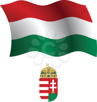 hungary wavy flag and coat of arms against white background, vector art illustration, image contains transparency