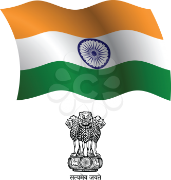 india wavy flag and coat of arms against white background, vector art illustration, image contains transparency