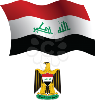 iraq wavy flag and coat of arms against white background, vector art illustration, image contains transparency