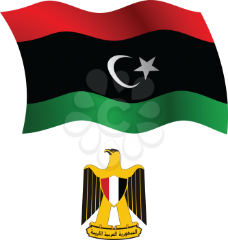 libya wavy flag and coat of arm against white background, vector art illustration, image contains transparency
