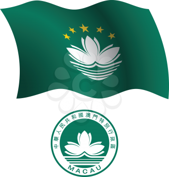 macau wavy flag and coat of arm against white background, vector art illustration, image contains transparency