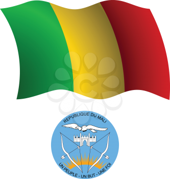 mali wavy flag and coat of arm against white background, vector art illustration, image contains transparency