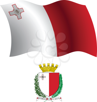 malta wavy flag and coat of arm against white background, vector art illustration, image contains transparency