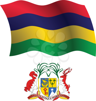mauritius wavy flag and coat of arm against white background, vector art illustration, image contains transparency