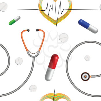 medical pattern with stethoscope, heart graph and pills, abstract seamless texture, vector art illustration