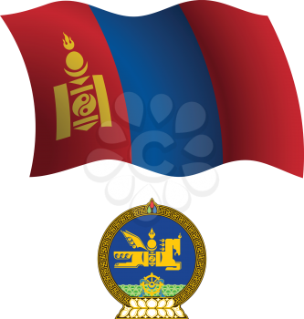 mongolia wavy flag and coat of arm against white background, vector art illustration, image contains transparency