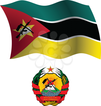 mozambique wavy flag and coat of arm against white background, vector art illustration, image contains transparency