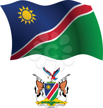 namibia wavy flag and coat of arm against white background, vector art illustration, image contains transparency