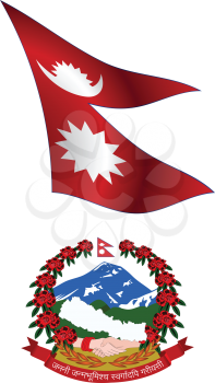 nepal wavy flag and coat of arm against white background, vector art illustration, image contains transparency