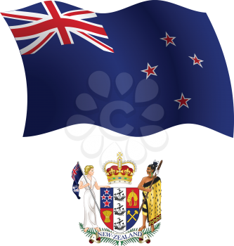 new zealand wavy flag and coat of arms against white background, vector art illustration, image contains transparency