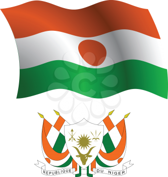 niger wavy flag and coat of arms against white background, vector art illustration, image contains transparency