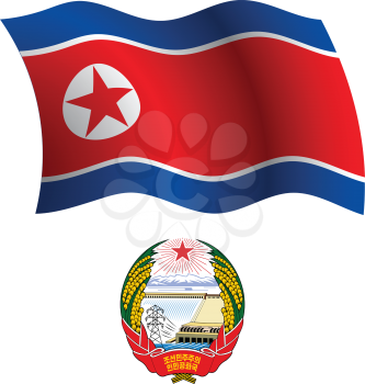 north korea wavy flag and coat of arm against white background, vector art illustration, image contains transparency