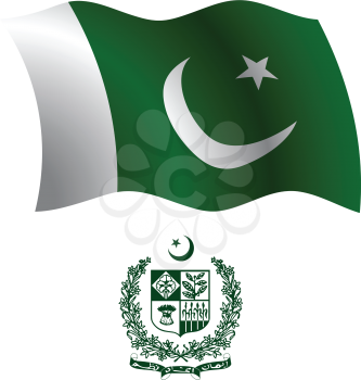 pakistan wavy flag and coat of arm against white background, vector art illustration, image contains transparency