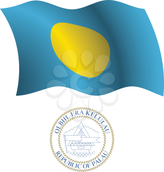 palau wavy flag and coat of arm against white background, vector art illustration, image contains transparency