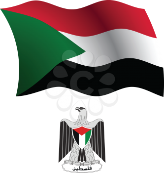 palestine wavy flag and coat of arm against white background, vector art illustration, image contains transparency