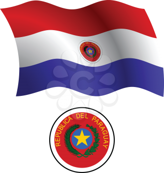 paraguay wavy flag and coat of arm against white background, vector art illustration, image contains transparency