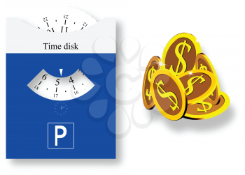 parking disk and golden coins against white background, abstract vector art illustration, image contains transparency