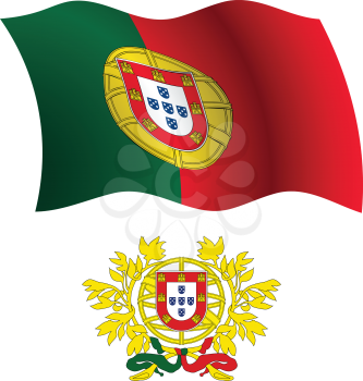 portugal wavy flag and coat of arm against white background, vector art illustration, image contains transparency