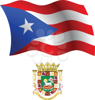 puerto rico wavy flag and coat of arm against white background, vector art illustration, image contains transparency