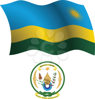 rwanda wavy flag and coat of arm against white background, vector art illustration, image contains transparency