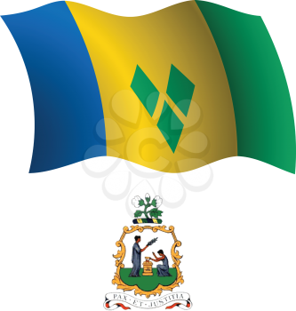 saint vincent and the grenadines wavy flag and coat of arm against white background, vector art illustration, image contains transparency